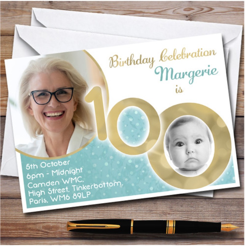 Photo 100 Young and Older Vintage Teal 100th Birthday Party Invitations – The Card Zoo