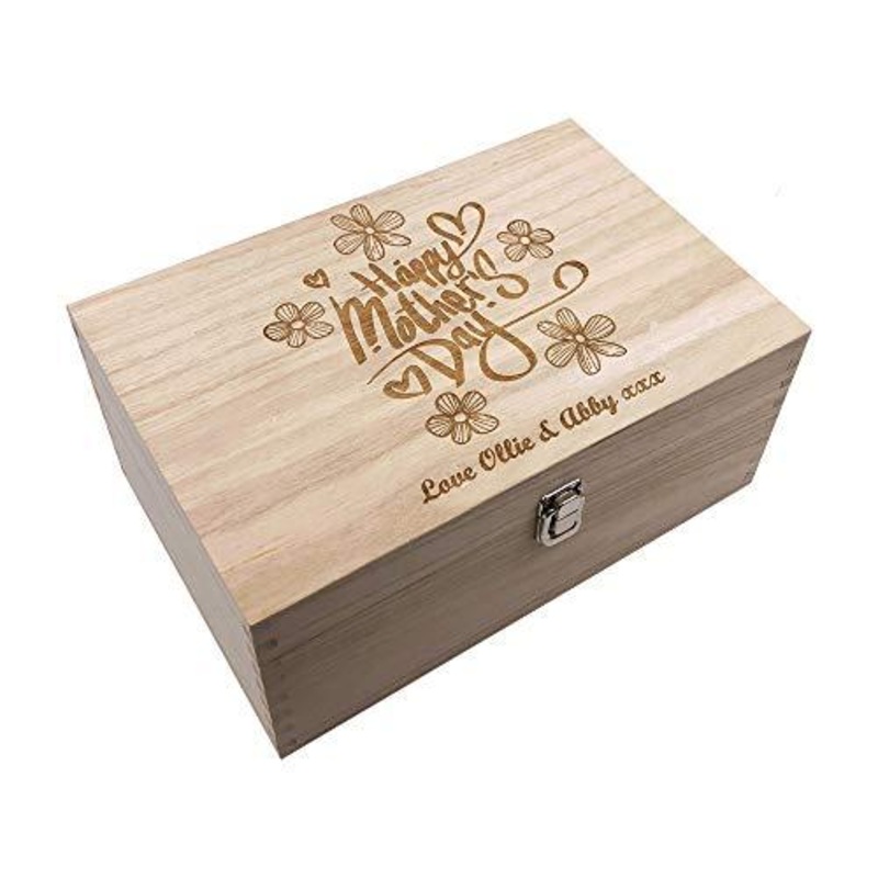 Raised Words Personalised Large Mothers Day Flower Design Wooden Keepsake Box