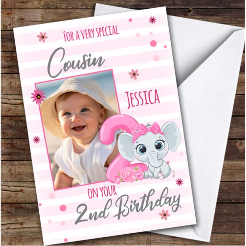 Cousin 2nd Pink Floral Elephant Photo Custom Personalised Birthday Card – The Card Zoo