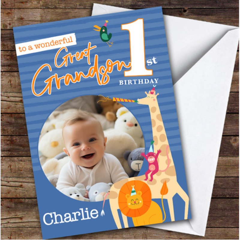 Great Grandson 1st Blue Safari Animals Photo Boys Personalised Birthday Card – The Card Zoo