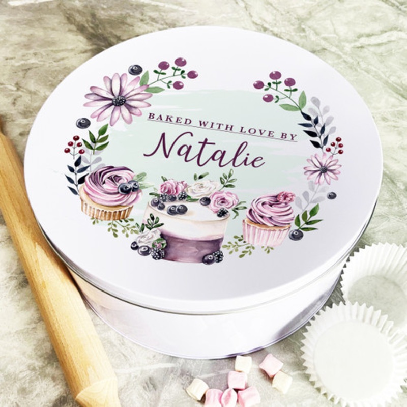 Personalised Round Wreath Berries Baked With Love Biscuit Baking Treats Cake Tin – The Card Zoo