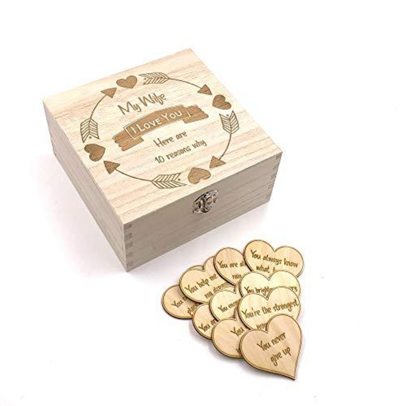 Wife Gift 10 Reasons why I Love You Wooden Box and Hearts