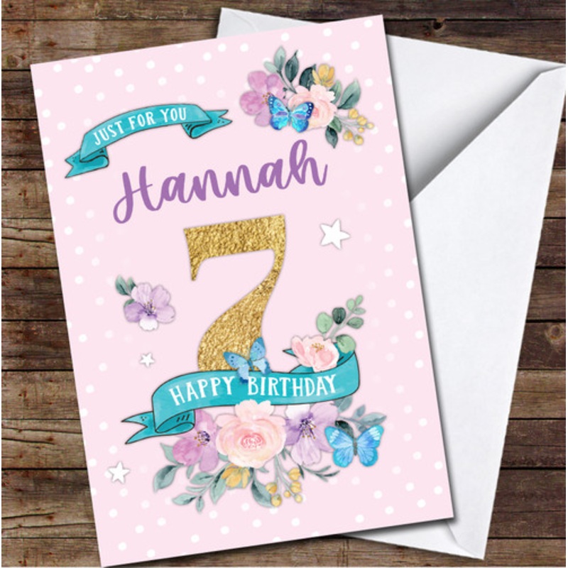 7th Girl Female Flowers Butterfly Pink Any Age Personalised Birthday Card – The Card Zoo