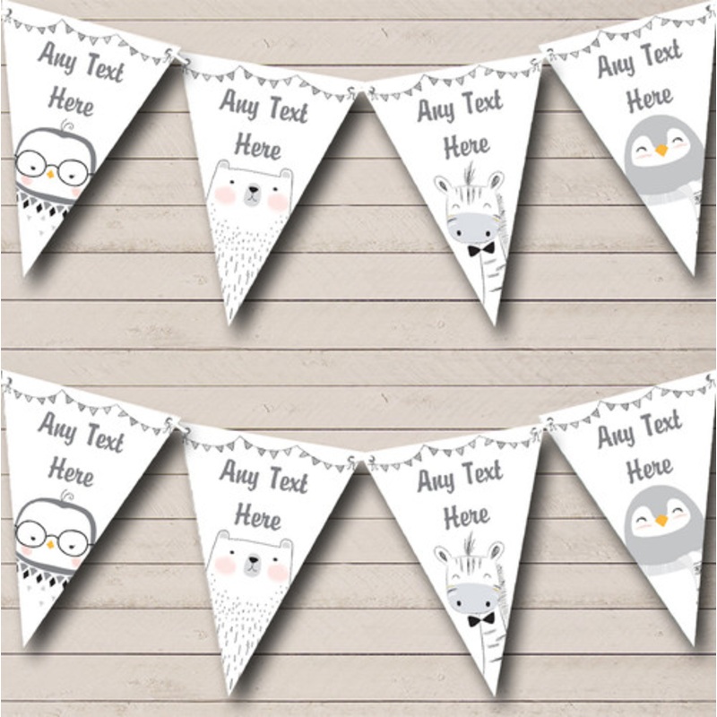 Cute Grey Animals Penguin Giraffe Owl Bear Personalised Children’s Party Bunting – The Card Zoo
