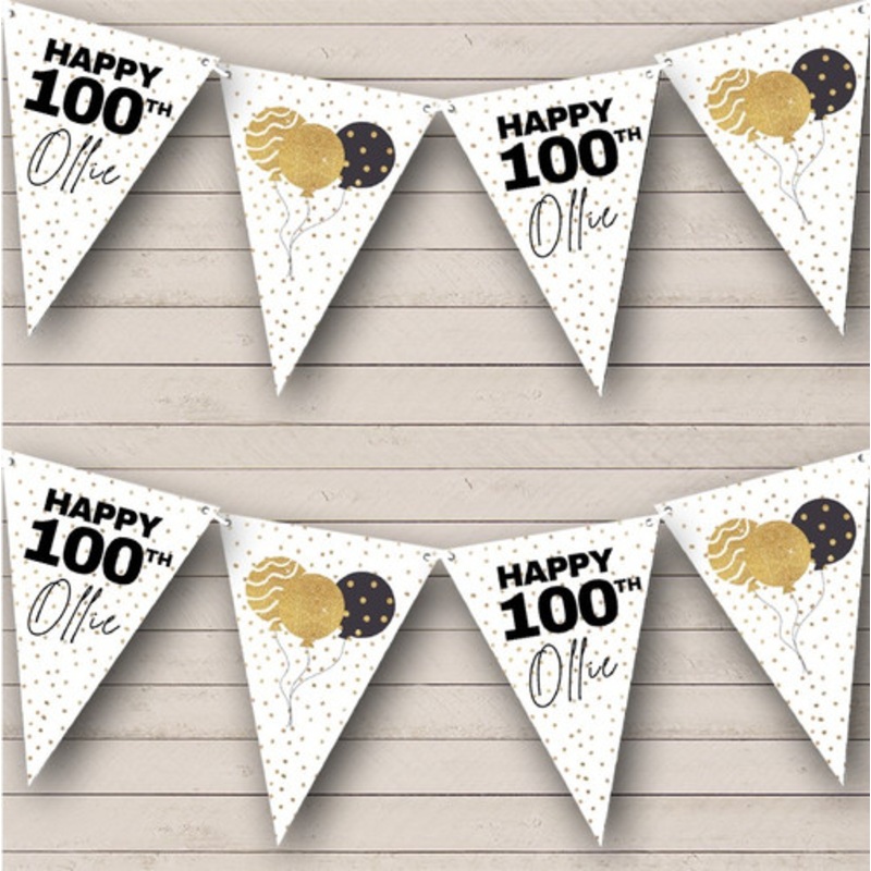 Gold Polka Dots Balloons Milestone Age Birthday 100 Personalised Banner Bunting – The Card Zoo