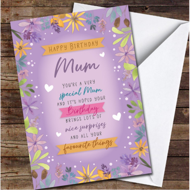 Mum Happy Birthday Text Flowers Floral Frame Purple Personalised Birthday Card – The Card Zoo