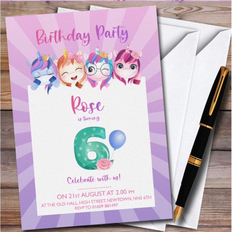 Unicorns Purple 6th Personalised Children’s Kids Birthday Party Invitations – The Card Zoo