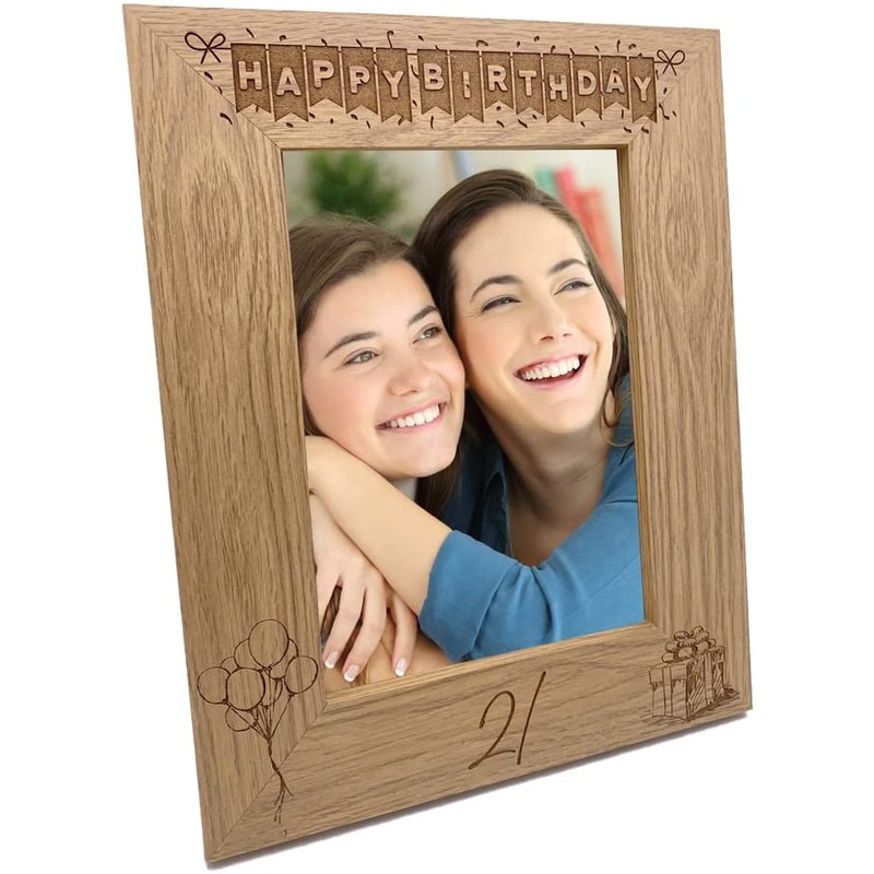 21st Birthday Photo Frame Portrait Wooden Engraved Bunting Style Gift