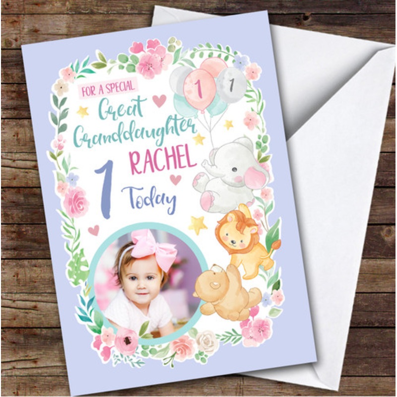 Animal Balloons Purple Photo Great Granddaughter 1st Personalised Birthday Card – The Card Zoo
