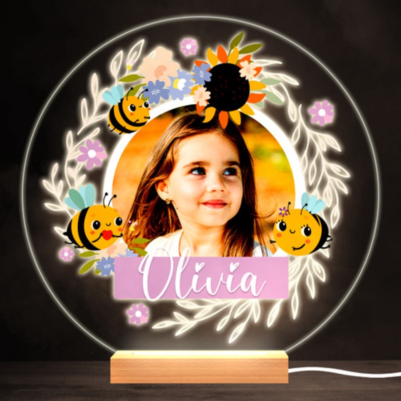 Bee Sunflower Photo Colourful Round Personalised Gift LED Lamp Night Light – The Card Zoo