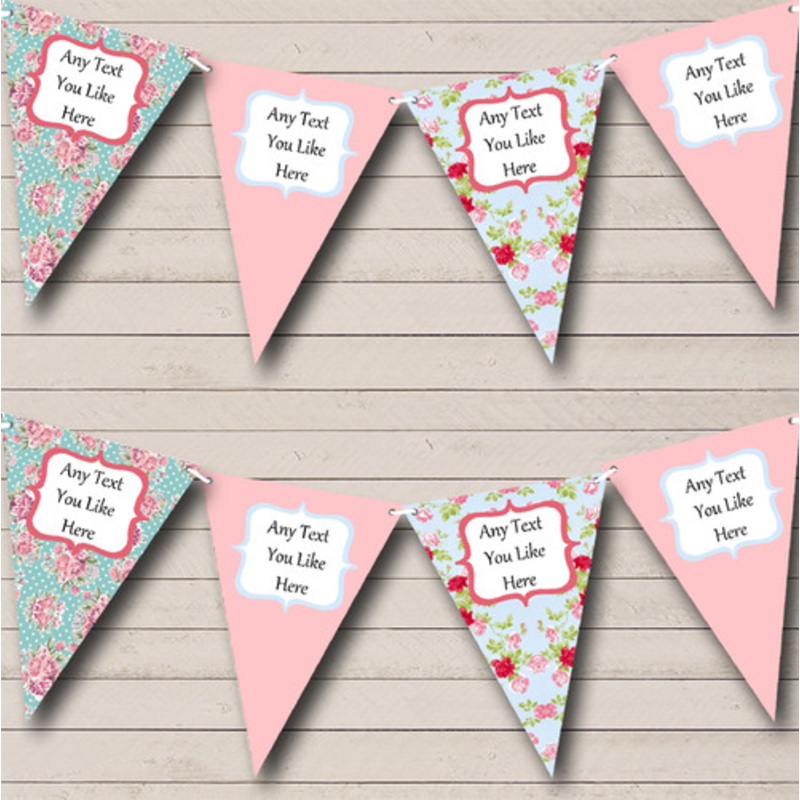 Blue Pink Floral Personalised Shabby Chic Garden Tea Party Bunting – The Card Zoo
