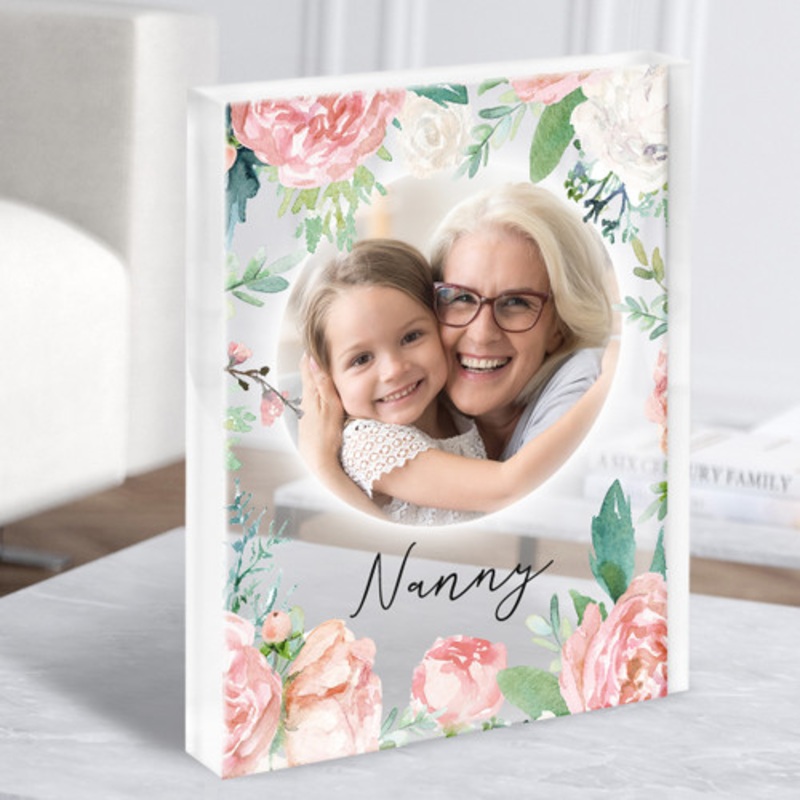 Watercolour Pink Floral Photo Heart Nan Nanny Personalised Acrylic Block – The Card Zoo