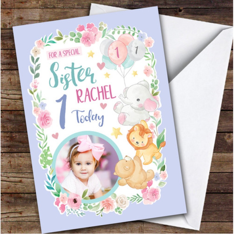 Animal Balloons Purple Photo Sister 1st Custom Personalised Birthday Card – The Card Zoo