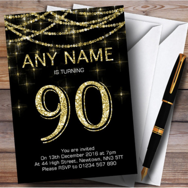 Black and Gold Sparkly Garland 90th Personalised Birthday Party Invitations – The Card Zoo