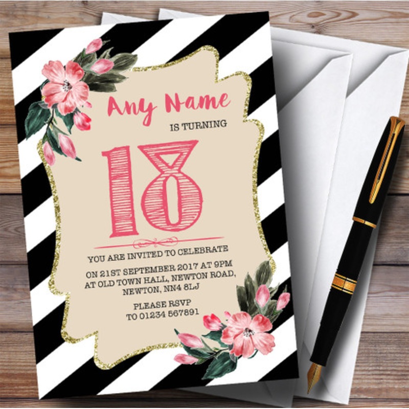 Black and White Striped Pink Flower 18th Personalised Birthday Party Invitations – The Card Zoo