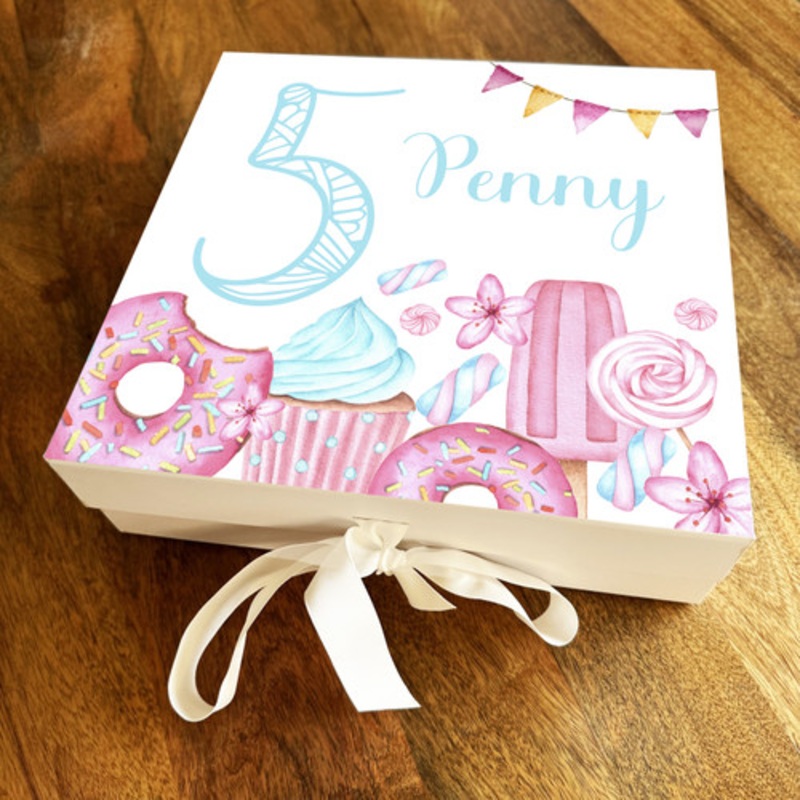 Cakes and treats Pink and Blue Kids Any Age Personalised Keepsake Birthday Gift Box – The Card Zoo