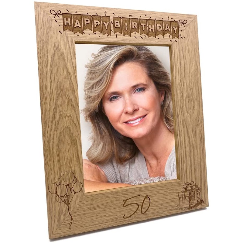 50th Birthday Photo Frame Portrait Wooden Engraved Bunting Style Gift