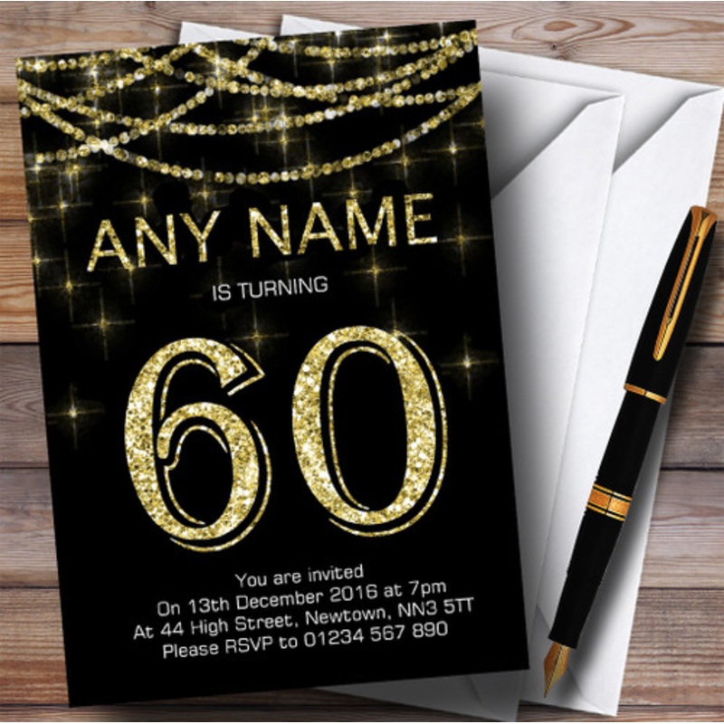 Black and Gold Sparkly Garland 60th Personalised Birthday Party Invitations – The Card Zoo