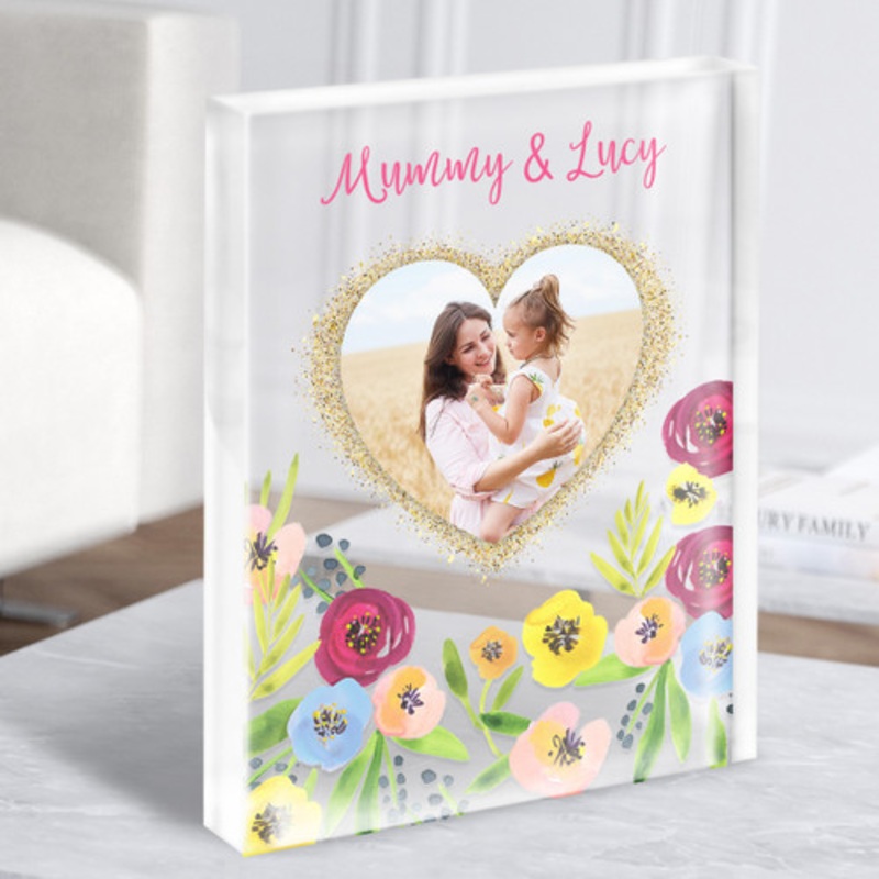 Mummy Flowers Photo Heart Personalised Acrylic Block – The Card Zoo