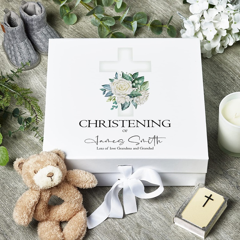 Personalised Christening Green Cross Keepsake Memory Box Gift