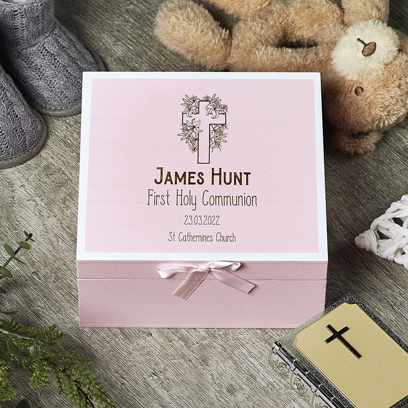 Personalised Holy Communion Pink Keepsake Box With Cross Design