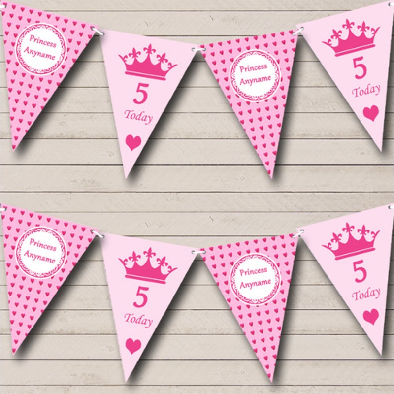 Pink Hearts Princess Girls Personalised Children’s Birthday Party Bunting – The Card Zoo