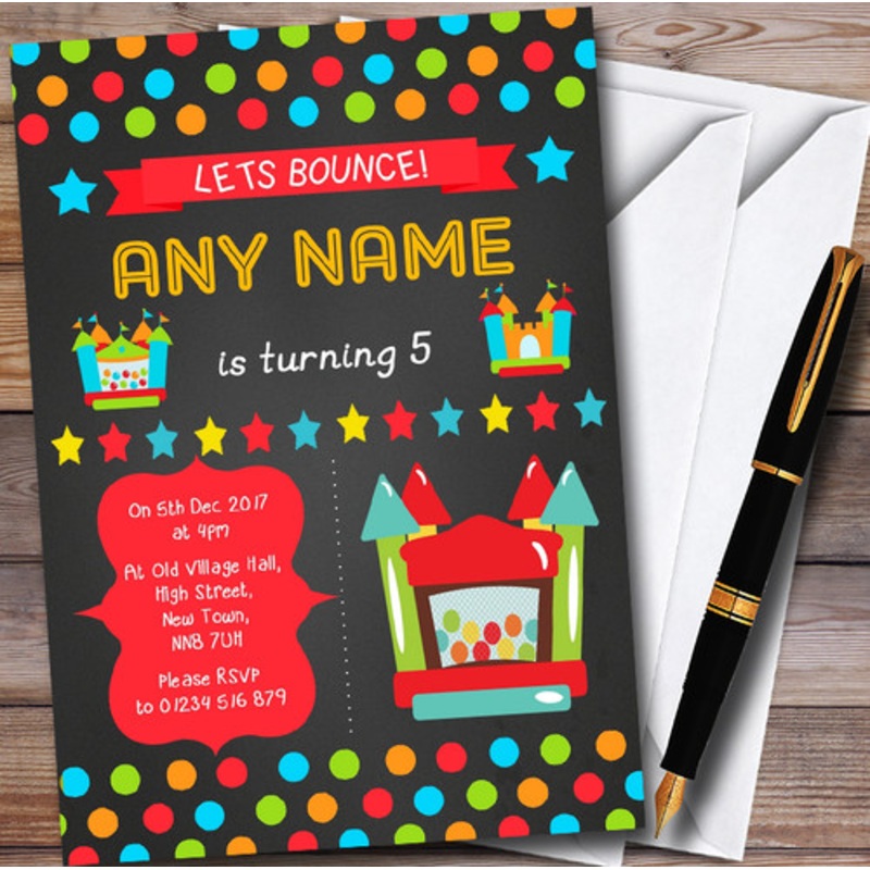 Spotty Chalk Bouncy Castle Personalised Children’s Birthday Party Invitations – The Card Zoo