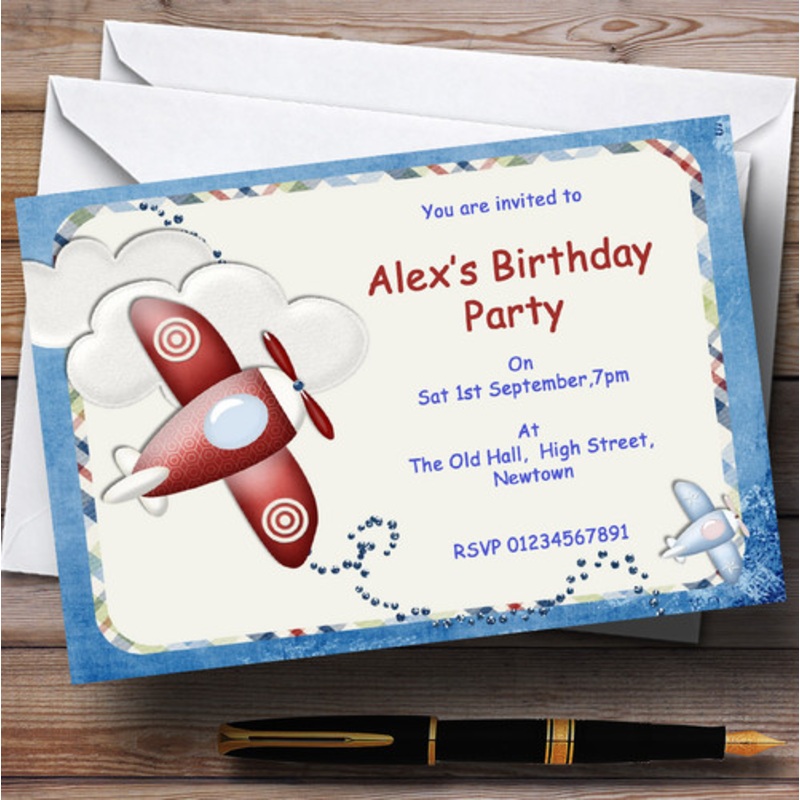 Aeroplane Blue Red Plane Theme Personalised Birthday Party Invitations – The Card Zoo