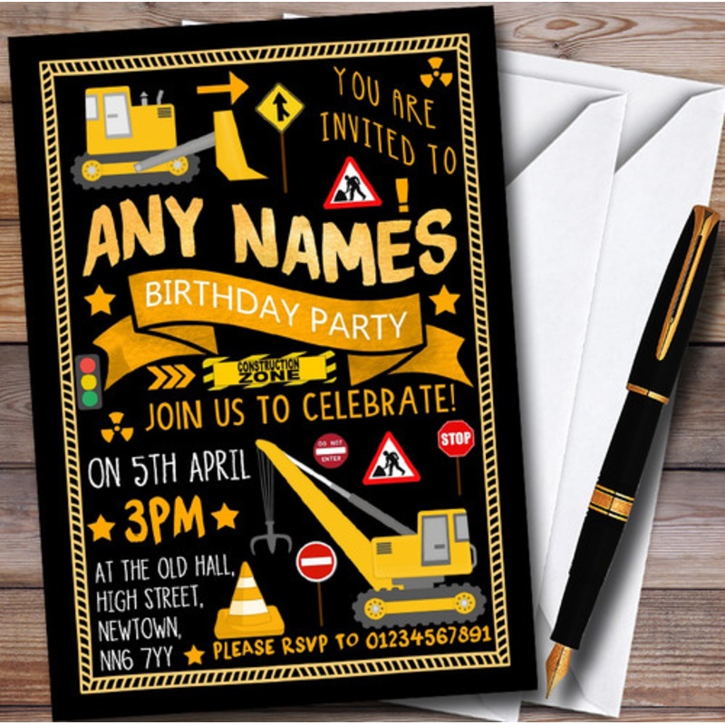Black Digger Construction Personalised Children’s Birthday Party Invitations – The Card Zoo