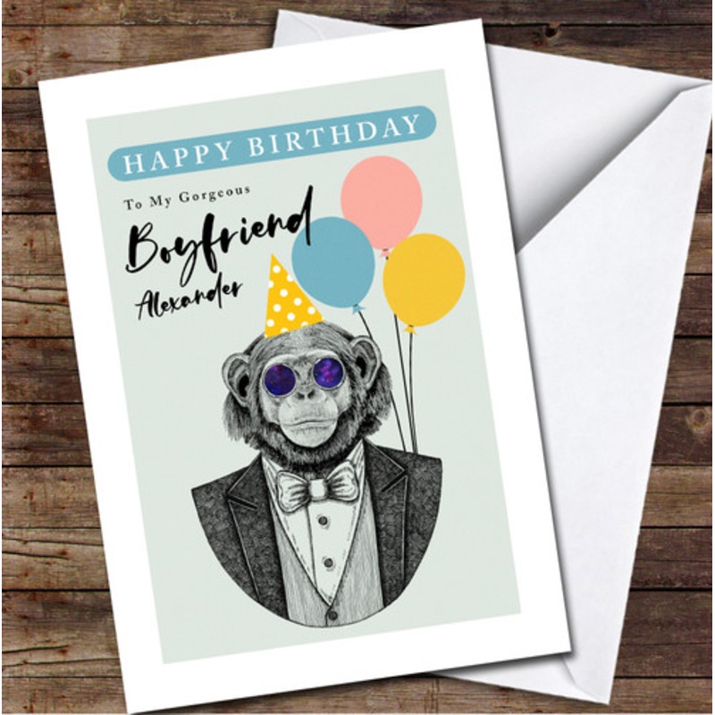 Boyfriend Hipster Monkey Balloons Blue Yellow Personalised Birthday Card – The Card Zoo