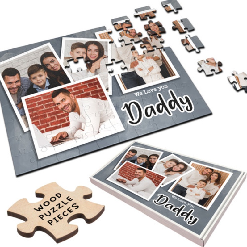 Gift For Dad Daddy Grey Photo Collage Custom Personalised Wooden Jigsaw Puzzle – The Card Zoo