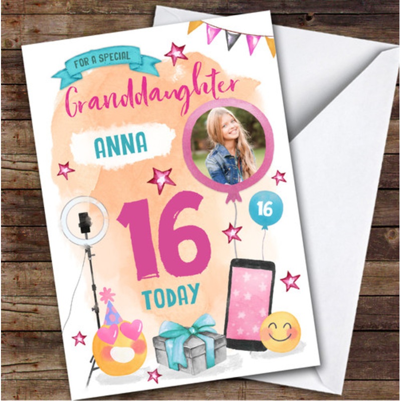 Girl’s Phone Selfie Emoji Photo Granddaughter 16th Birthday Personalised Card – The Card Zoo
