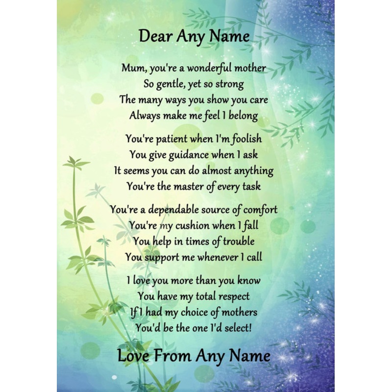 Green and Blue Wonderful Mother Personalised Poem Certificate – The Card Zoo