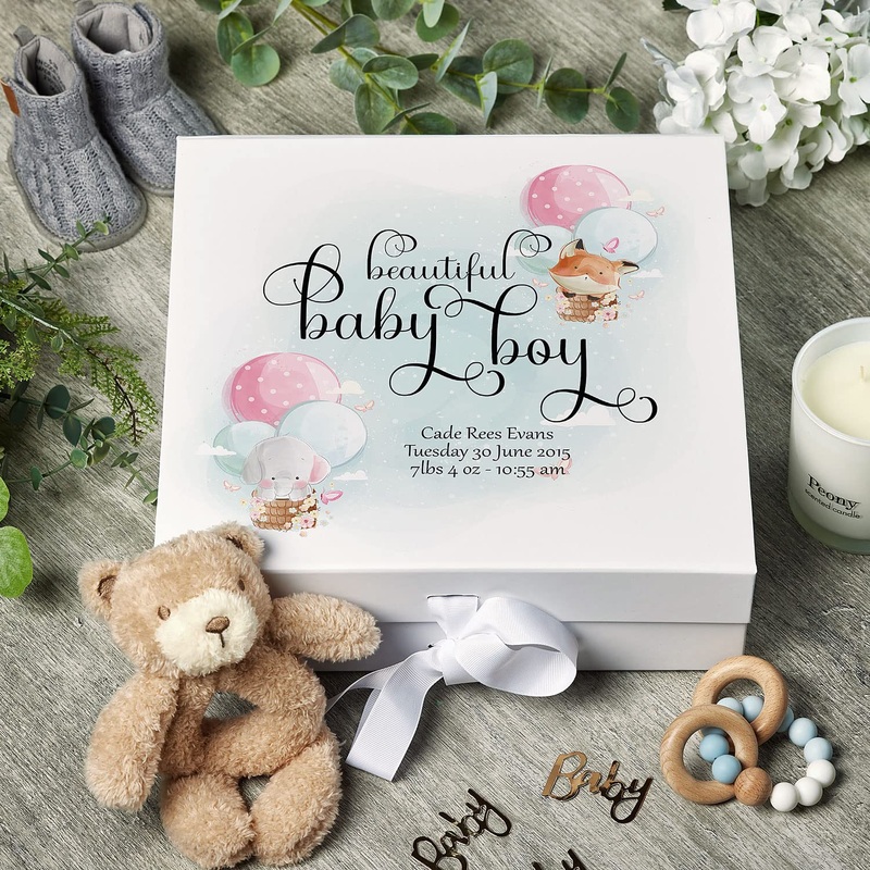 Personalised Baby BoyLarge Memory Box Gift With Ribbon Balloon Design