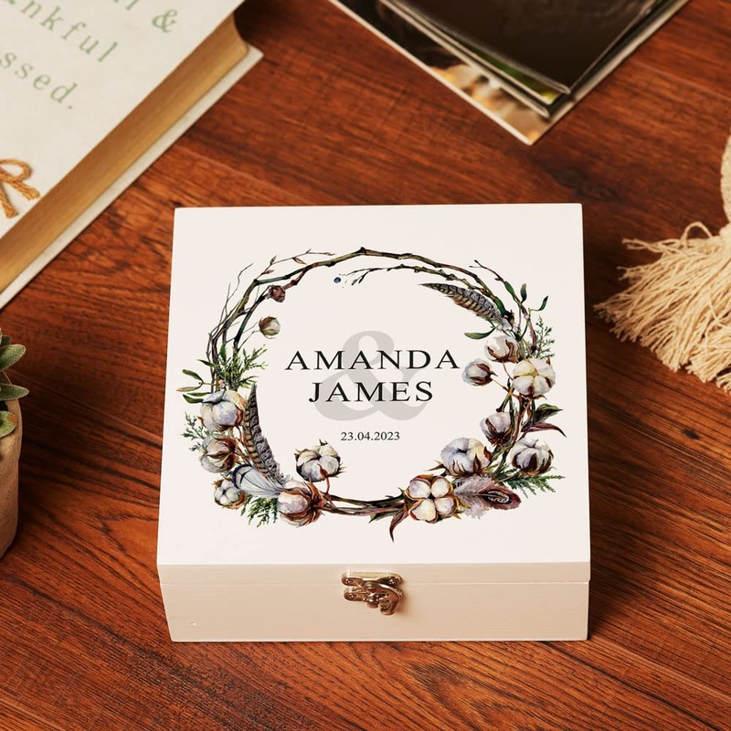 Personalised Wedding Keepsake Wooden Box Gift With Water Colour Rustic Cotton Design