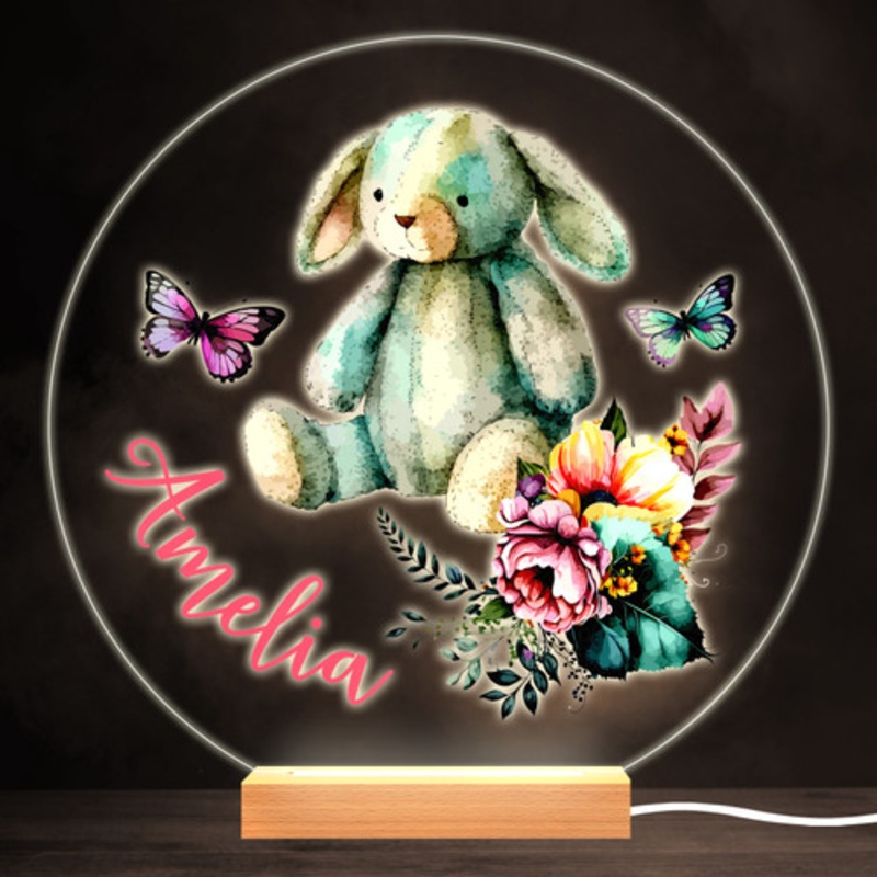Rabbit Bunny Flowers Colourful Round Personalised Gift LED Lamp Night Light – The Card Zoo
