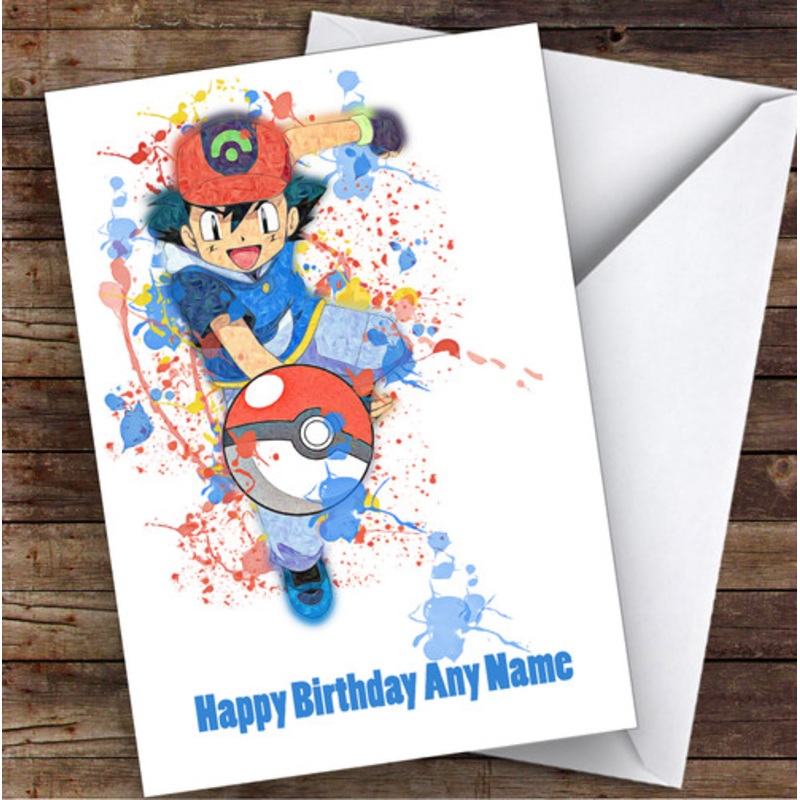 Ash Pokemon Splatter Art Children’s Kids Personalised Birthday Card – The Card Zoo