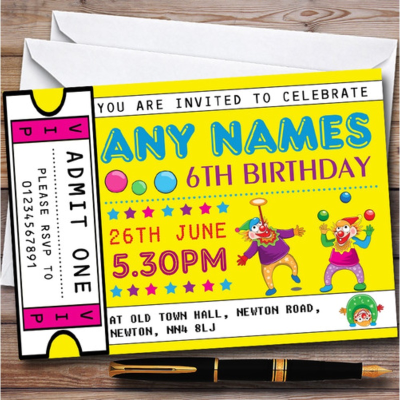 Clown Ticket Personalised Children’s Birthday Party Invitations – The Card Zoo