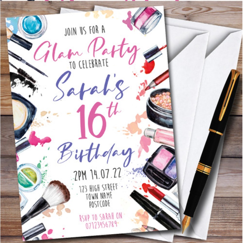 Glam Make Up Cosmetics Personalised Children’s Kids Birthday Party Invitations – The Card Zoo