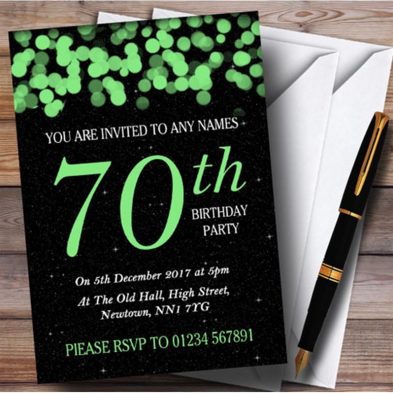 Green Bokeh and Stars 70th Personalised Birthday Party Invitations – The Card Zoo