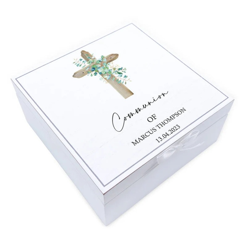 Personalised Communion Vintage Wooden Box With Wood Cross