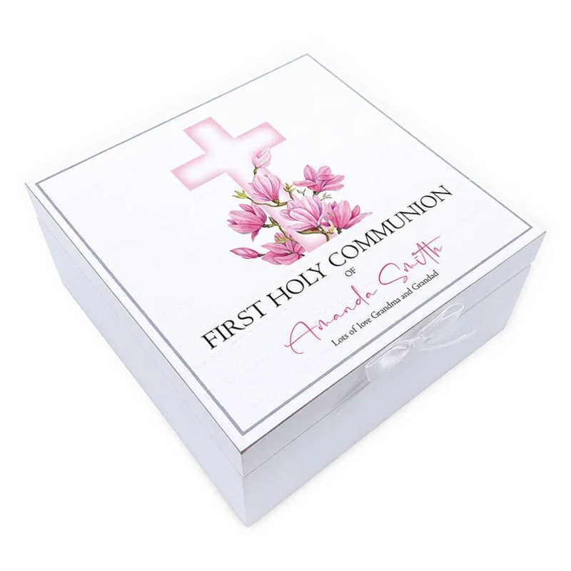 Personalised Communion Vintage Wooden Box With Pink Cross