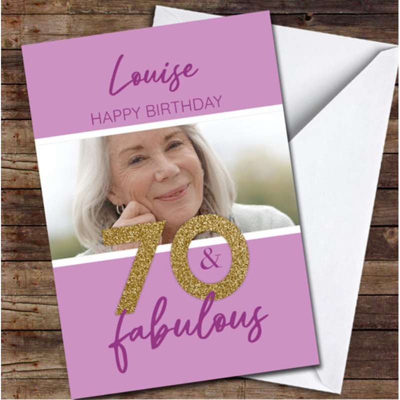 70th Birthday Purple Gold Glitter 70 and Fabulous Photo Personalised Birthday Card – The Card Zoo