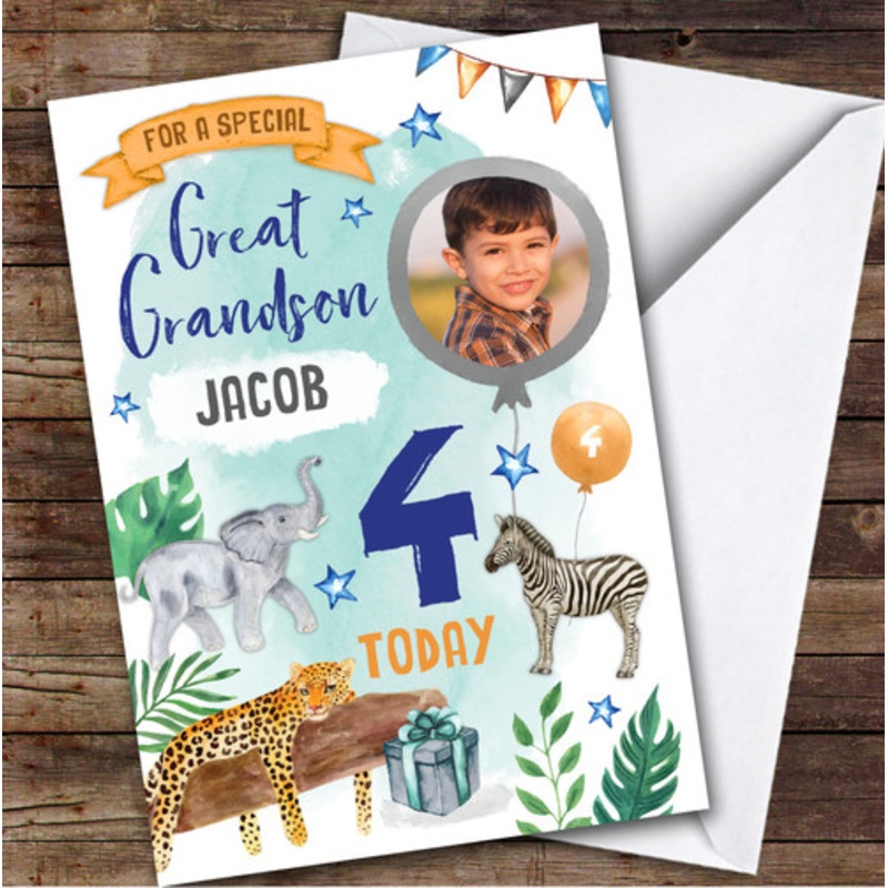 Animal Jungle Wild Photo Great Grandson 4th Boys Personalised Birthday Card – The Card Zoo