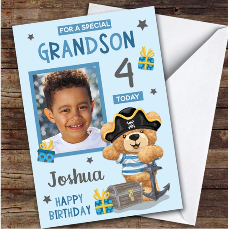 Boy’s Pirate Bear Blue Photo Grandson 4th Birthday Personalised Birthday Card – The Card Zoo