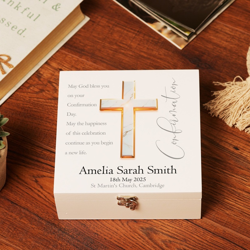 Personalised Confirmation Keepsake Memory Box Gift With Marble Cross