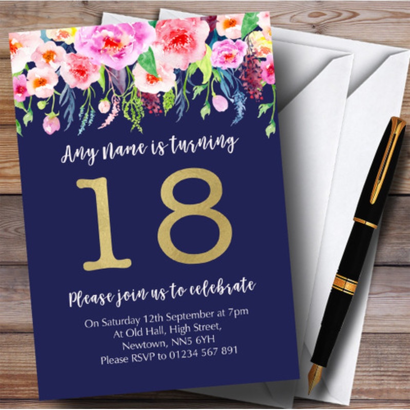 Blue and Pink Watercolour Flowers 18th Personalised Birthday Party Invitations – The Card Zoo