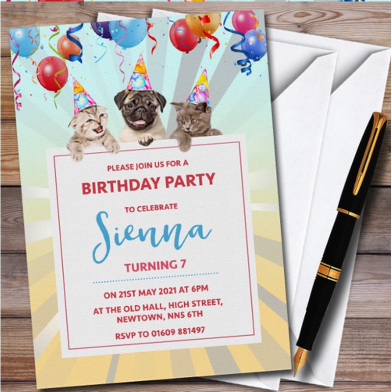 Cats And Pug Dog Personalised Children’s Kids Birthday Party Invitations – The Card Zoo