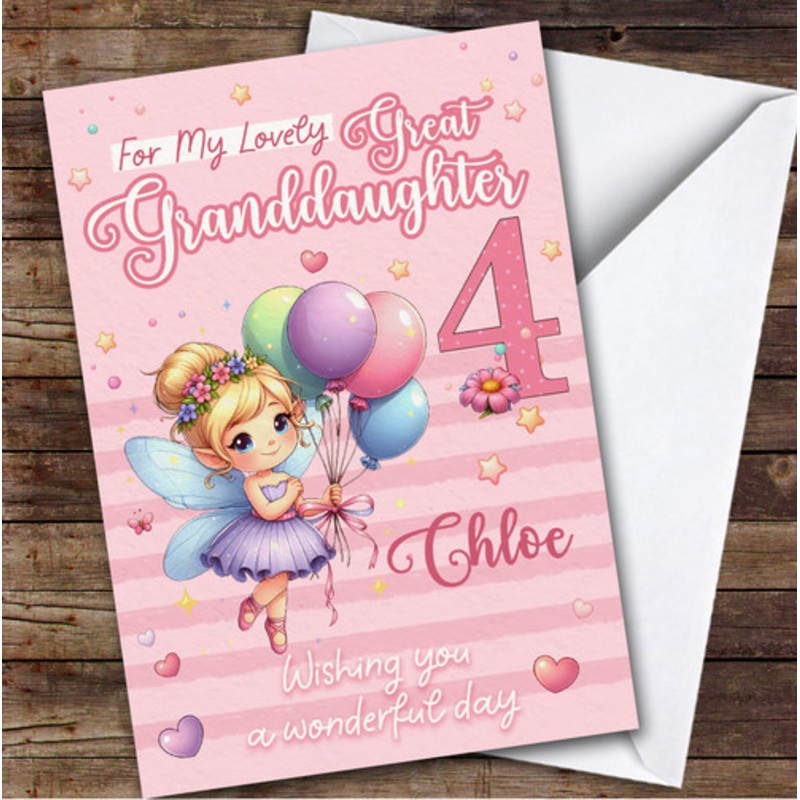 Great Granddaughter 4th Pink Floral Fairy Custom Personalised Birthday Card – The Card Zoo