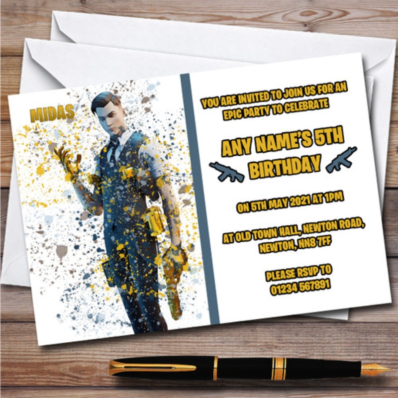 Splatter Art Gaming Fortnite Midas Children’s Birthday Party Invitations – The Card Zoo
